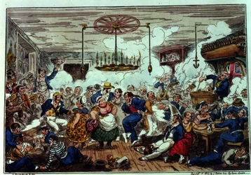 Sailors Carousing, or a peep in the long room, kiadó: James Robins és társai, 1825. október 1. (színes metszet)